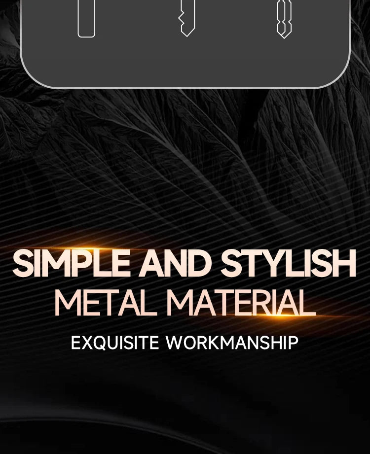 Marketing graphic with the text Simple and Stylish Metal Material, Exquisite Workmanship over a dark textured background