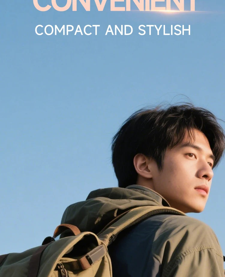 Young man wearing a backpack outdoors, with marketing text Convenient, Compact and Stylish