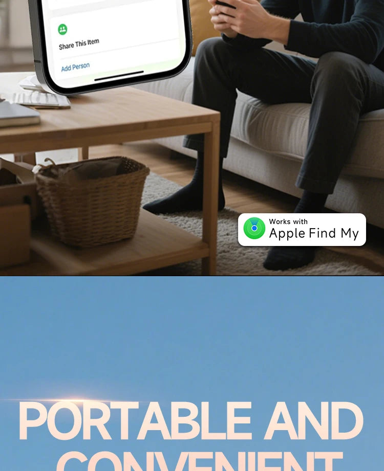 Man seated on a couch holding a phone showing the Find My app's Share This Item screen with a Works with Apple Find My badge, above a Portable and Convenient marketing banner