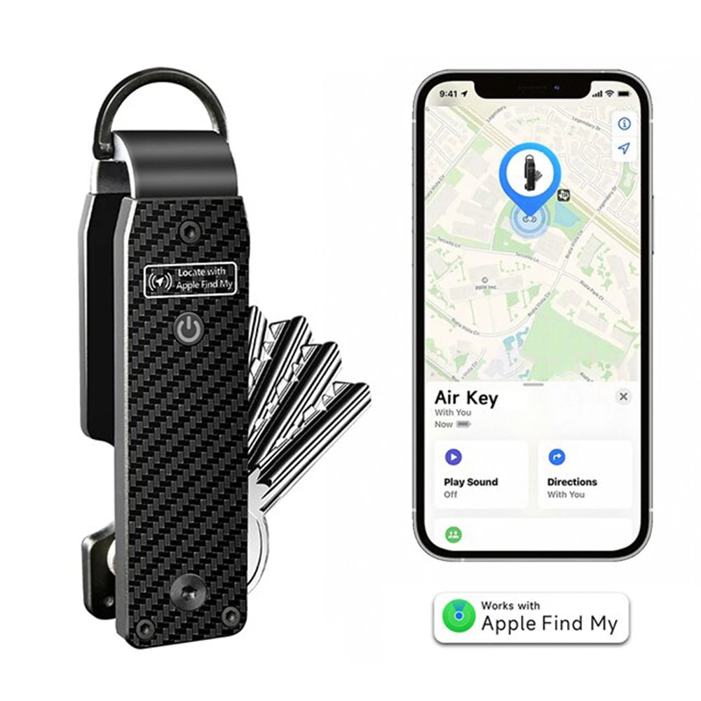 NURVION keychain in carbon fiber finish with a full set of keys attached, shown beside an iPhone displaying its live location pin and Play Sound and Directions options in the Apple Find My app