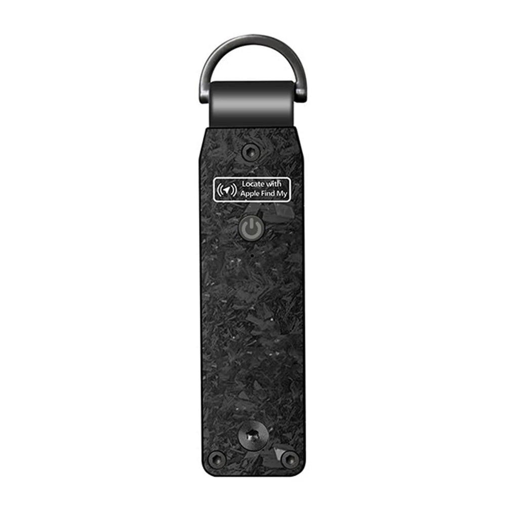 Close-up front view of the NURVION keychain in a dark carbon-textured finish with the power button and Locate with Apple Find My label
