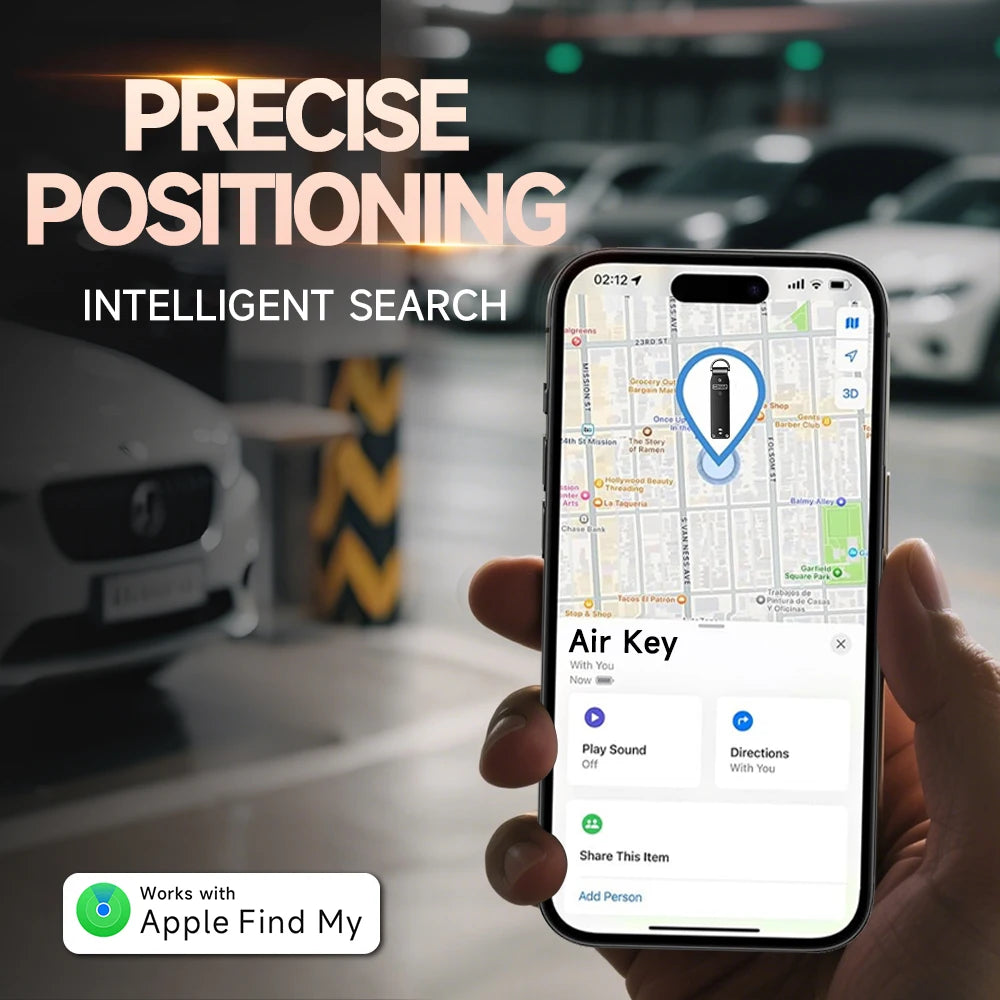 NURVION keychain marketing graphic showing precise positioning and intelligent search in the Apple Find My app on an iPhone