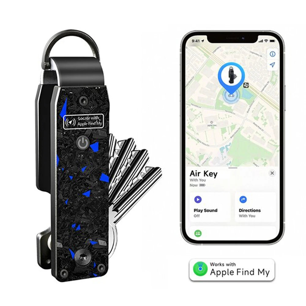 NURVION Smart Find My Key Organizer keychain in blue carbon finish next to an iPhone showing its location in the Apple Find My app