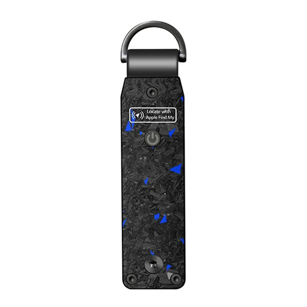 Product photo of the NURVION keychain in blue carbon finish on a white background, showing the Locate with Apple Find My label and power button