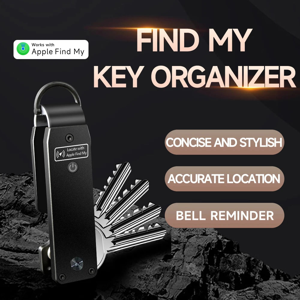 NURVION keychain marketing graphic highlighting Find My compatibility, concise design, accurate location tracking, and sound reminder
