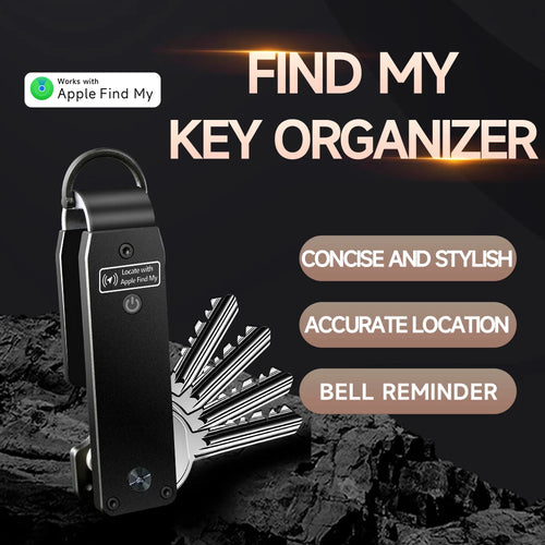 NURVION keychain marketing graphic highlighting Find My compatibility, concise design, accurate location tracking, and sound reminder