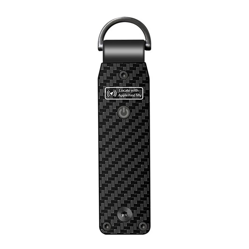 Product photo of the NURVION keychain in carbon fiber finish on a white background, showing the Locate with Apple Find My label and power button