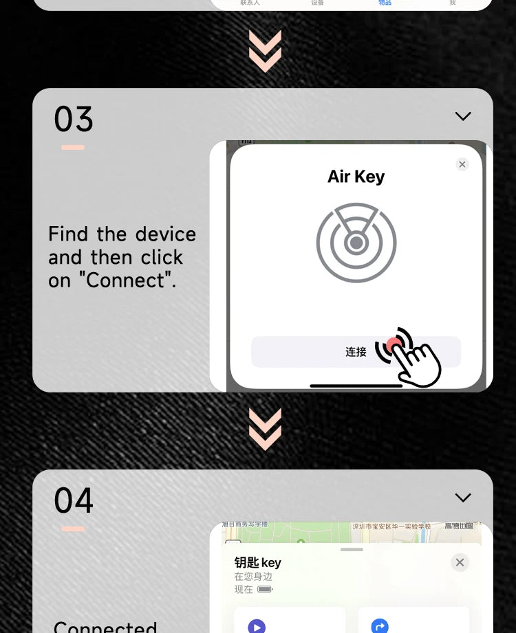 Pairing instructions graphic with step 03 showing the Air Key app Connect screen, and step 04 showing the device Connected with a key item listed in the app
