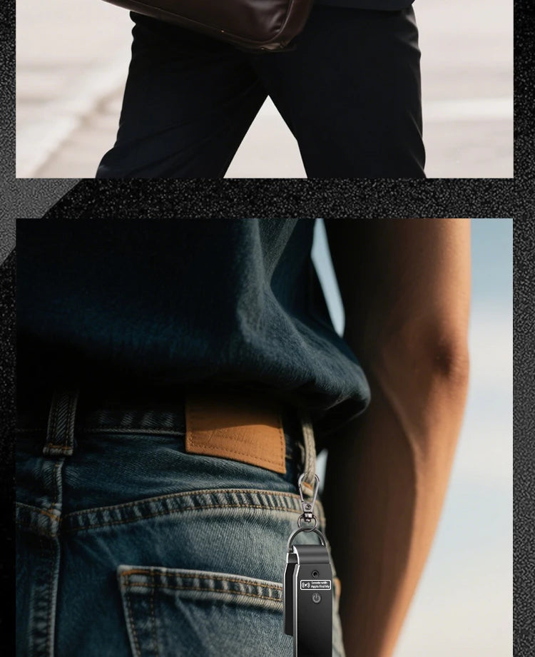 Top: cropped photo of a person carrying a leather bag while walking. Bottom: close-up of the NURVION keychain clipped to a belt loop, hanging against jeans