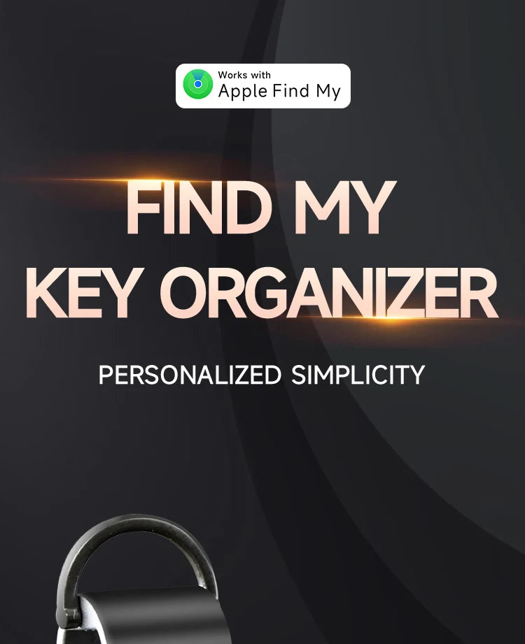 Marketing graphic for the NURVION Find My Key Organizer with a Works with Apple Find My badge and the tagline Personalized Simplicity