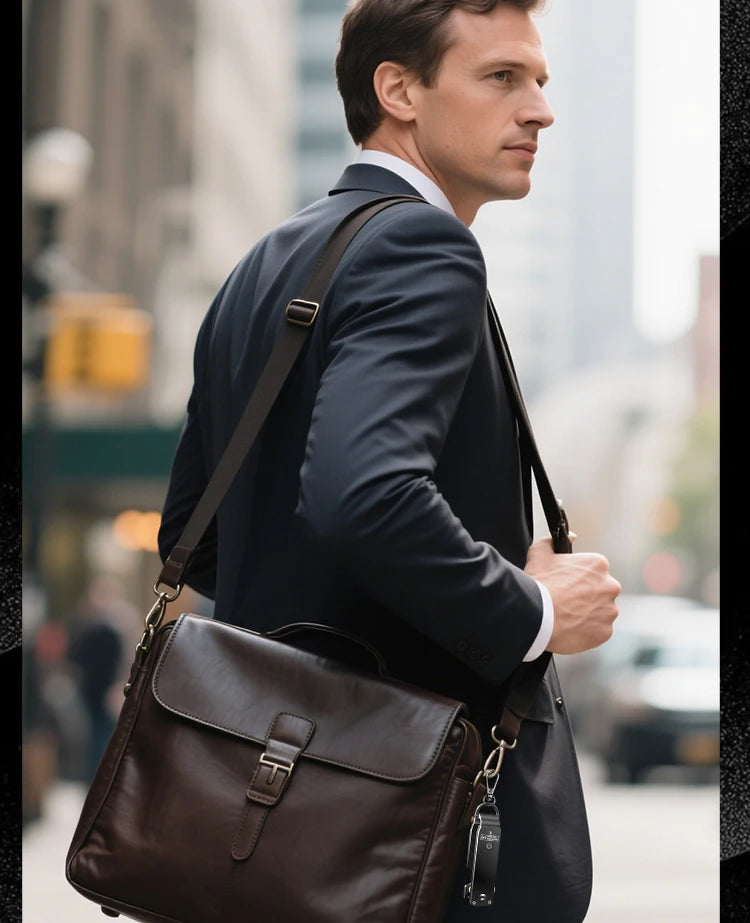 Man in a business suit walking on a city street, carrying a brown leather bag with a small item clipped to its zipper