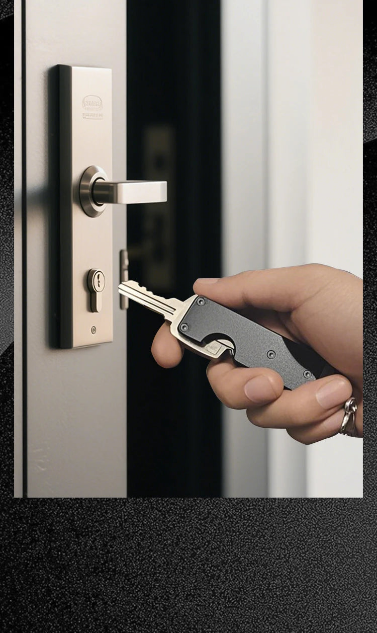 Close-up of a hand inserting a key into a door lock, with the NURVION keychain attached to the keyring