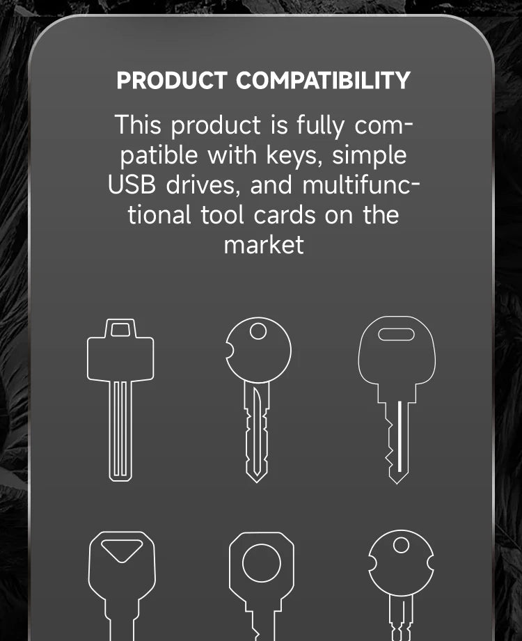 Marketing graphic listing product compatibility: keys, simple USB drives, and multifunctional tool cards, with key-shape icon outlines