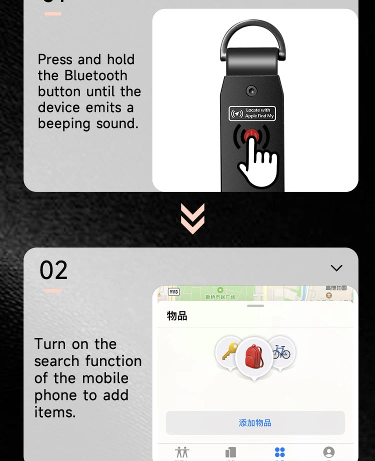 Pairing instructions graphic with step 01 showing a hand pressing the Bluetooth button on the NURVION keychain, and step 02 showing a phone app screen for adding items to track