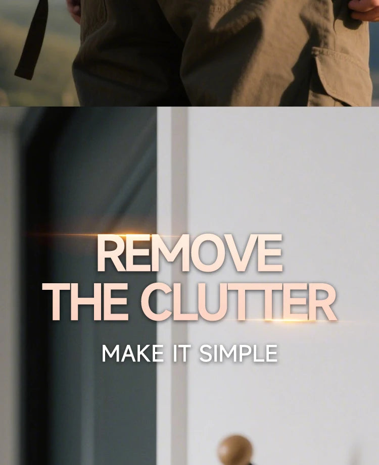 Marketing graphic with the text Remove the Clutter, Make It Simple, over a person standing near a doorway